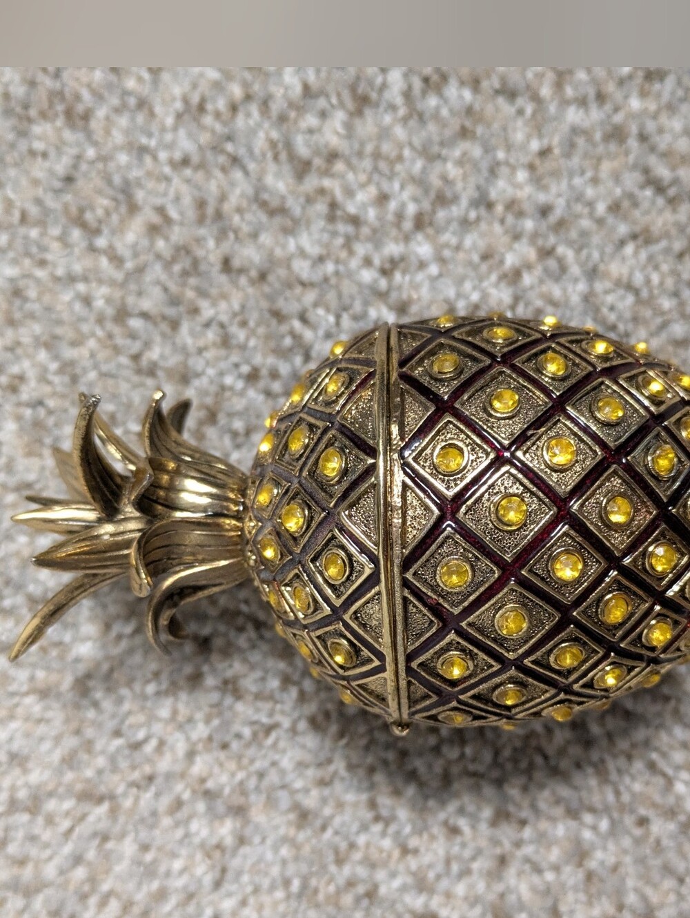 Rare Pineapple Vintage Brass Trinket Box Gold Tone Jeweled Yellow Stones Hinged